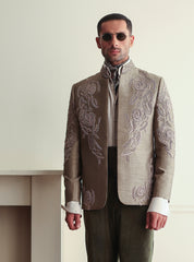 COFFEE GREEN HAND EMBROIDERED PRINCE COAT