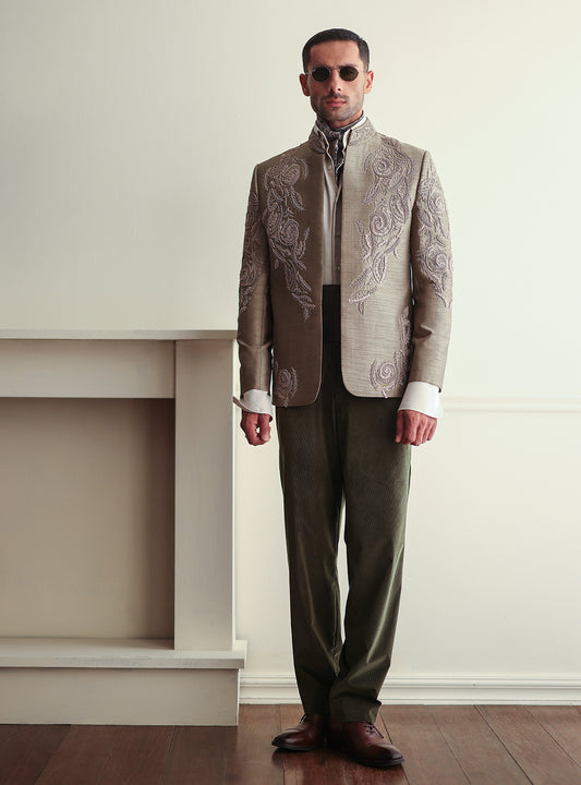 COFFEE GREEN HAND EMBROIDERED PRINCE COAT