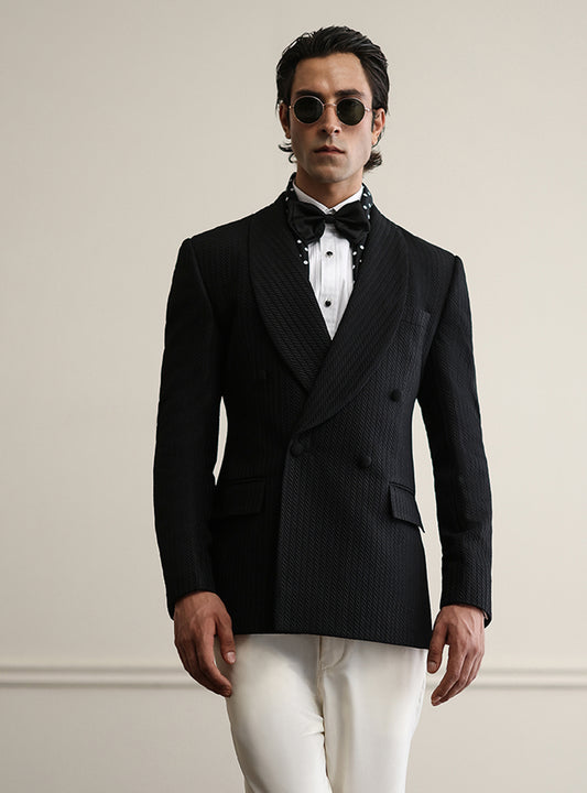 BLACK EMBROIDERED DOUBLE BREASTED BLAZER