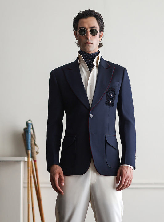BLUE FRONT MONOGRAM TWO BUTTONS BLAZER
