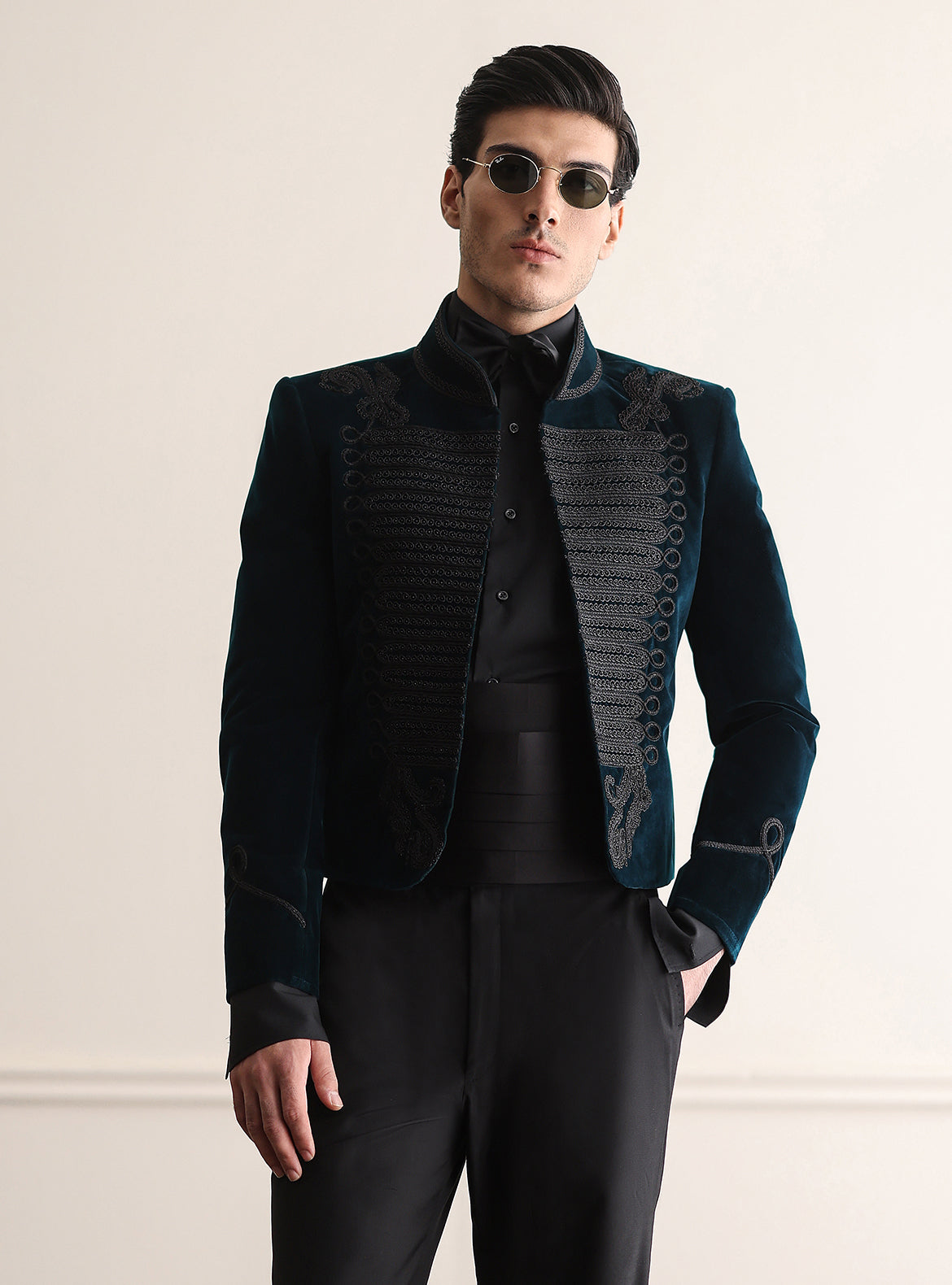 TEAL BLUE HAND EMBROIDERED VELVET JACKET