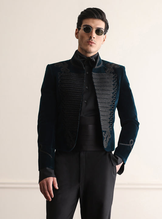 TEAL BLUE HAND EMBROIDERED VELVET JACKET