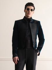 TEAL BLUE HAND EMBROIDERED VELVET JACKET
