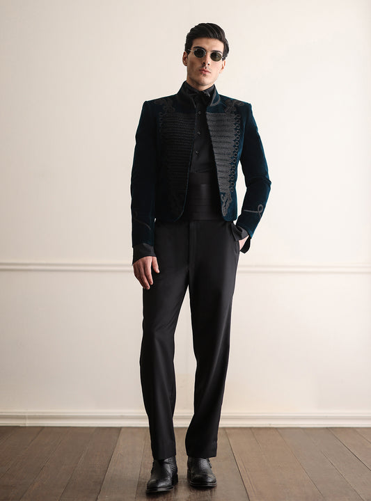 TEAL BLUE HAND EMBROIDERED VELVET JACKET
