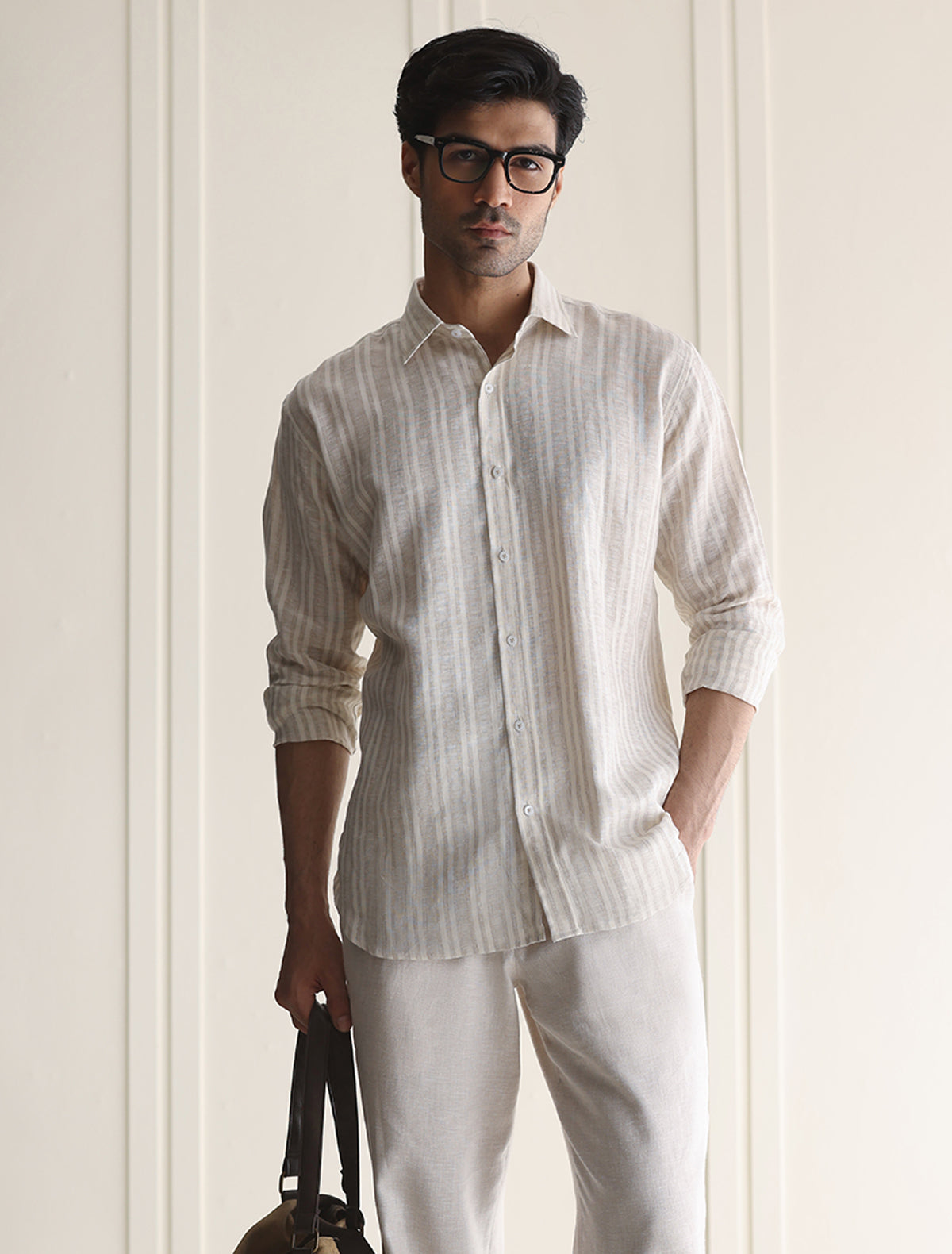 BEIGE STRIPE LINEN SHIRT