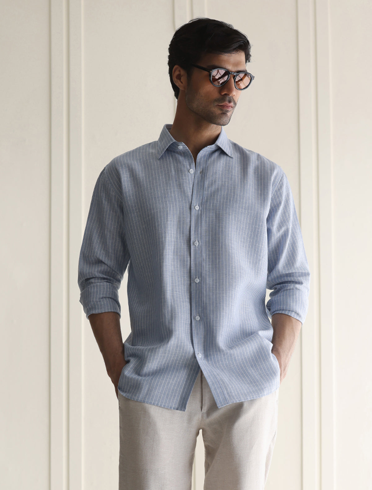 BLUE PIN STRIPE COTTON LINEN SHIRT