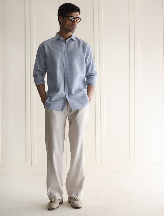 BLUE PIN STRIPE COTTON LINEN SHIRT