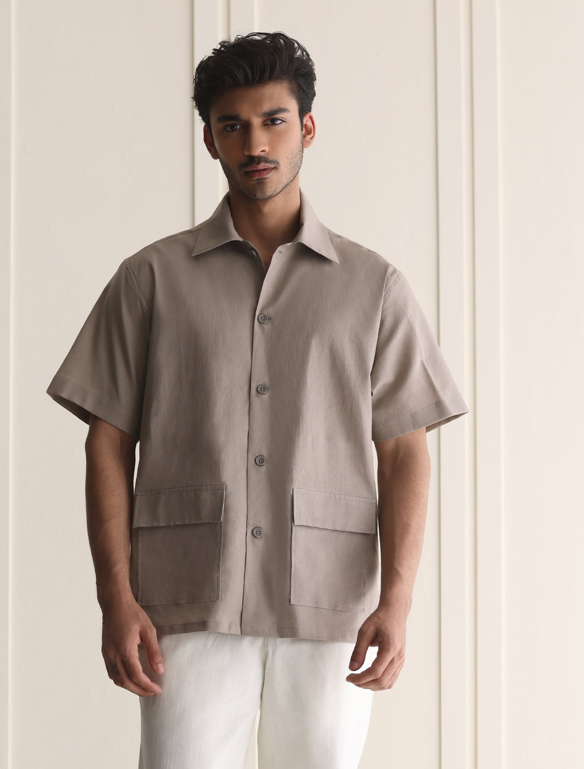LIGHT BROWN COTTON LINEN SHIRT