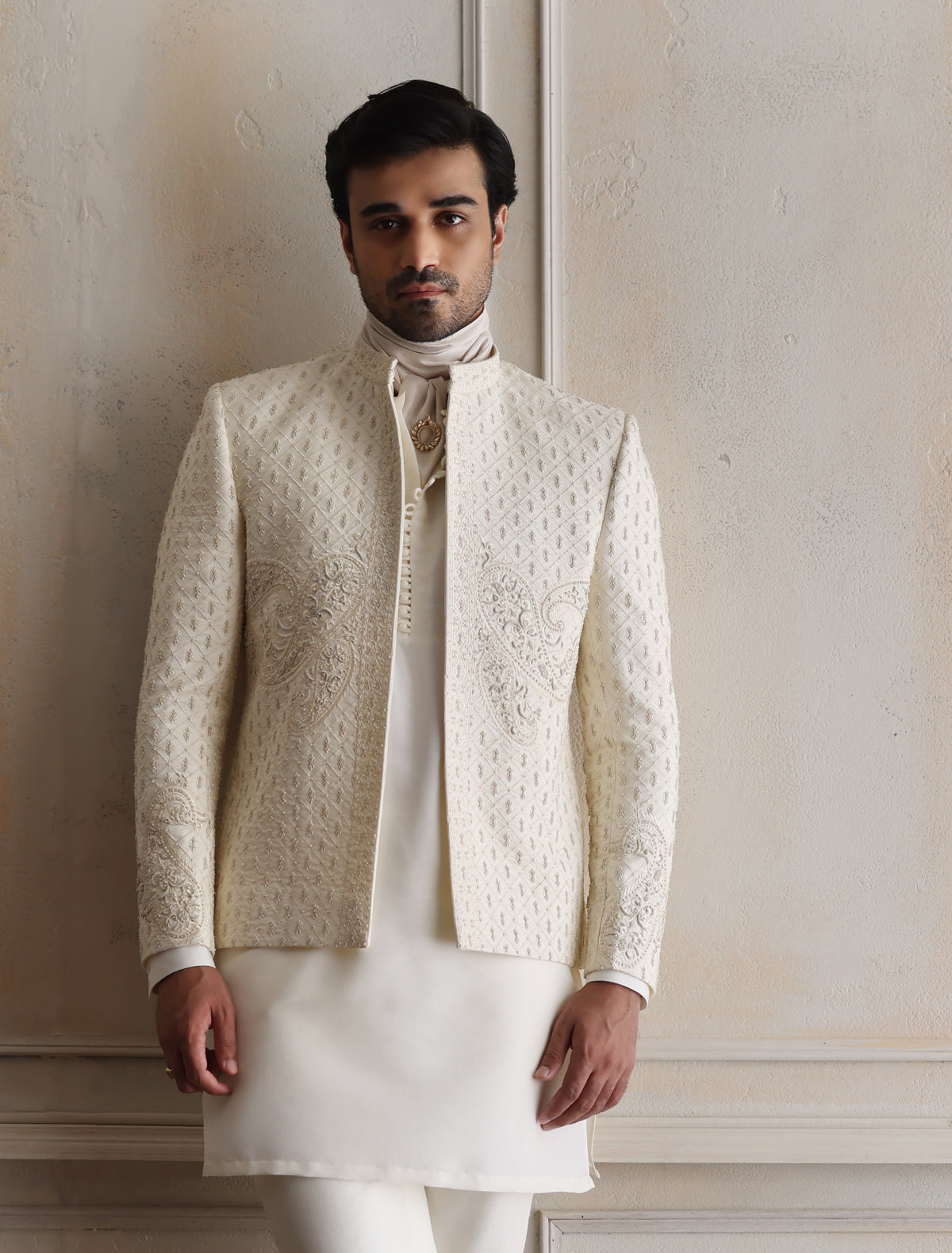 OFF-WHITE EMBROIDERED PRINCE COAT