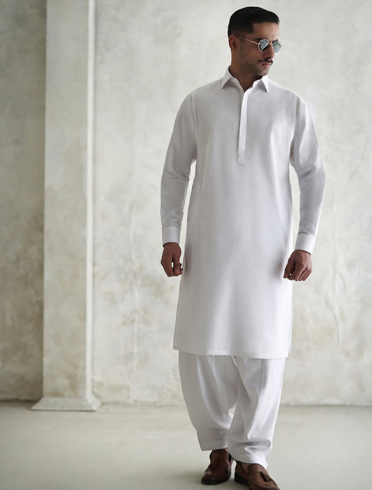 WHITE COTTON OXFORD TEXTURE KAMEEZ SHALWAR