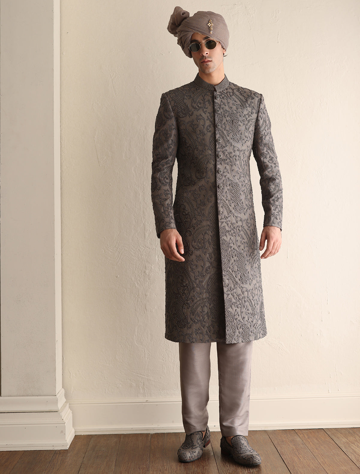 DEEP TAUPE INTRICATE EMBROIDERED SHERWANI