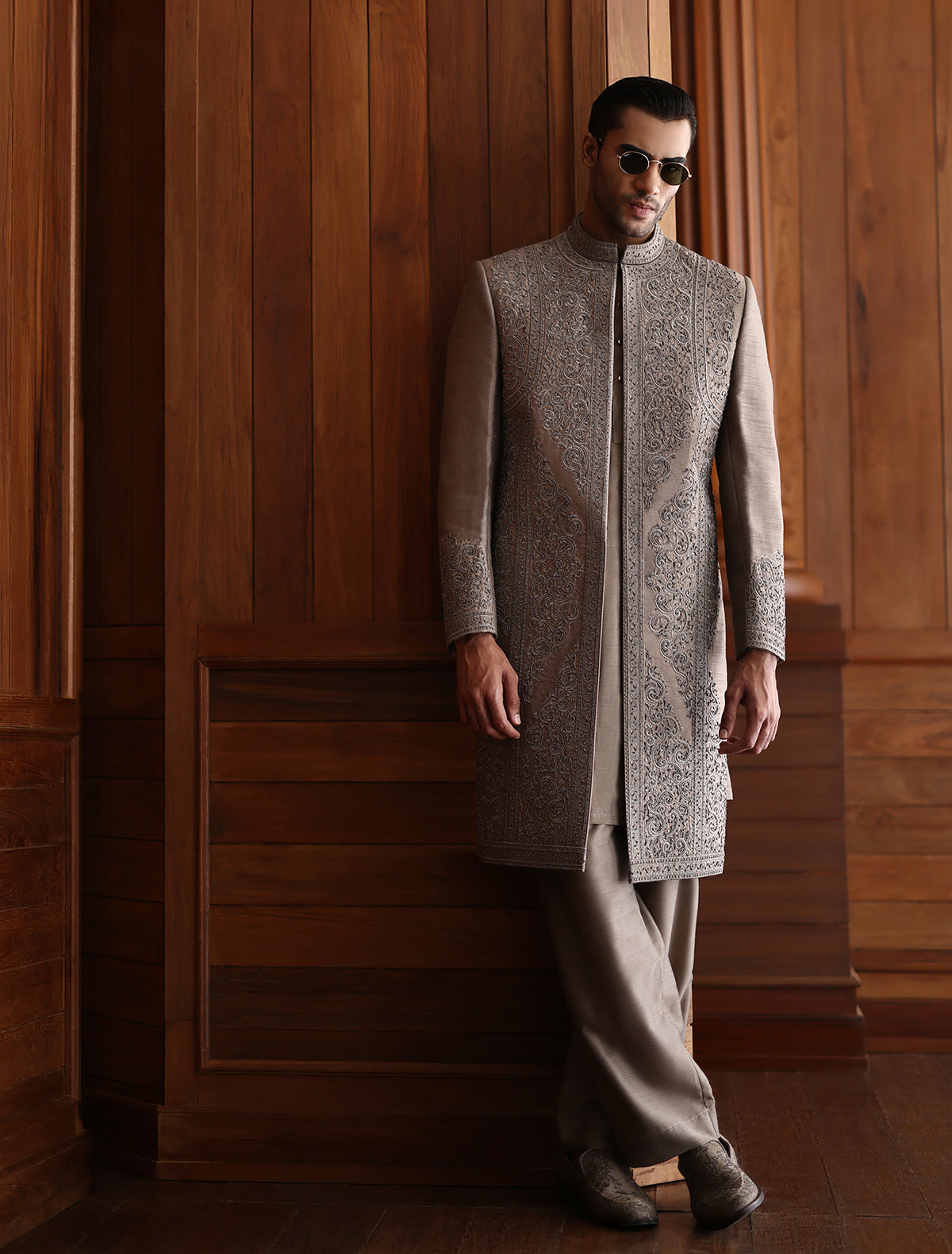 TAUPE HAND EMBROIDERED SHERWANI
