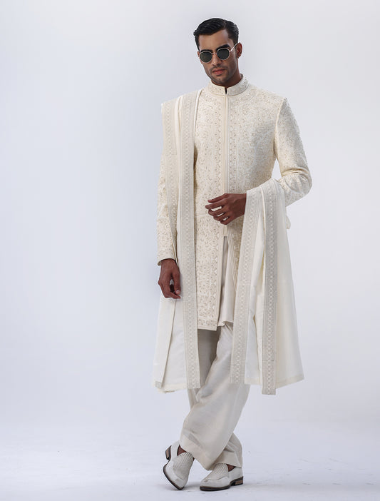 CREAM HAND EMBROIDERED SHERWANI