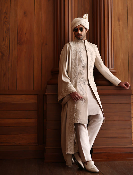 LIGHT IVORY HAND EMBROIDERED SHERWANI