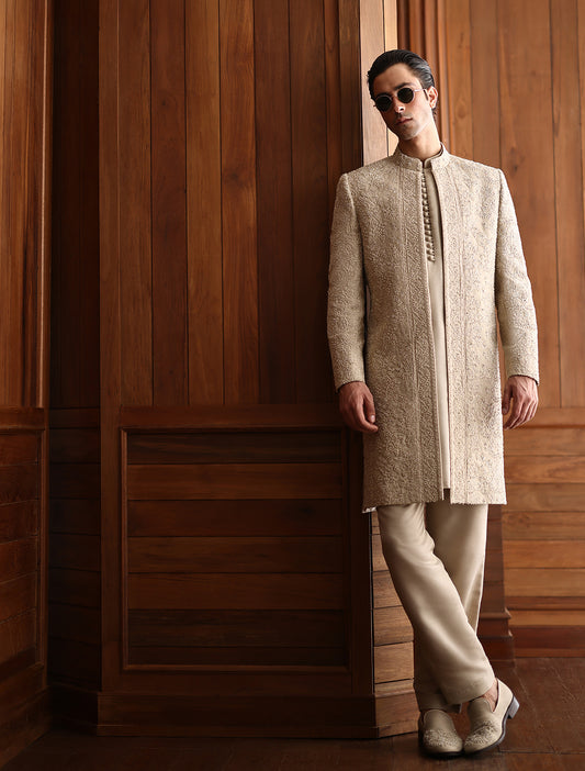 DARK IVORY HAND EMBROIDERED SHERWANI