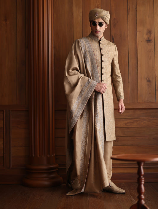 FAWN COLOR INTRICATELY EMBROIDERED SHERWANI