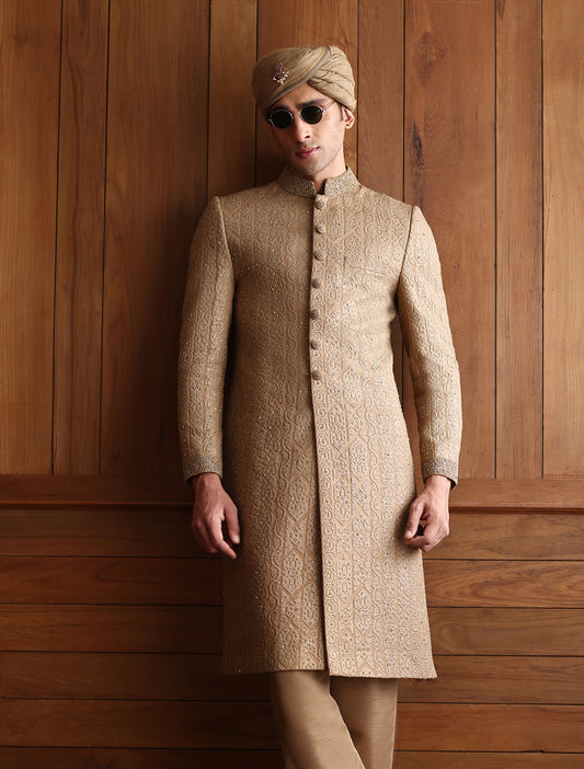 FAWN COLOR INTRICATELY EMBROIDERED SHERWANI