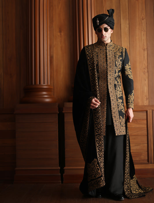BLACK HAND EMBROIDERED SHORT LENGTH SHERWANI