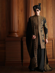 BLACK HAND EMBROIDERED SHORT LENGTH SHERWANI