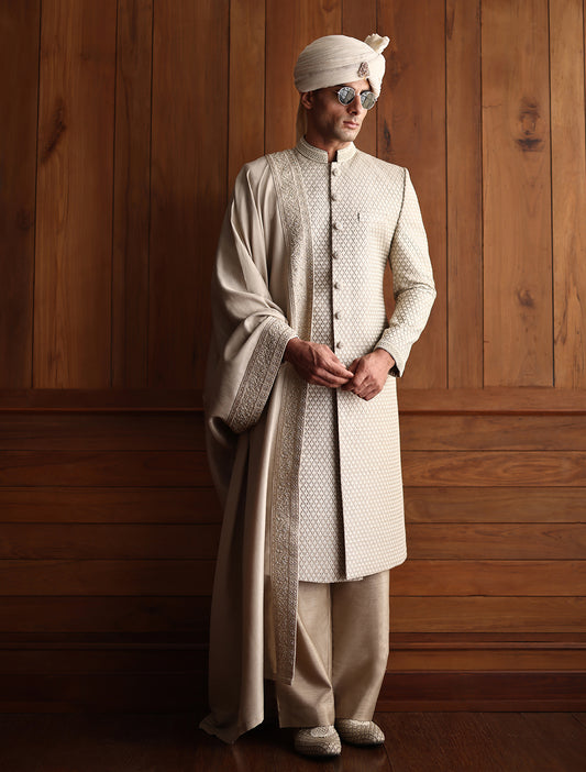 LIGHT BEIGE HAND EMBROIDERED SHERWANI