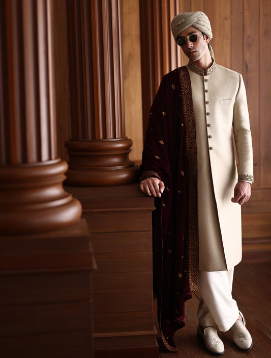 CLASSIC BEIGE HAND EMBROIDERED SHERWANI