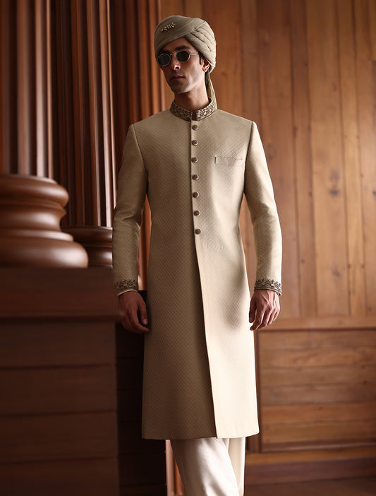 CLASSIC BEIGE HAND EMBROIDERED SHERWANI