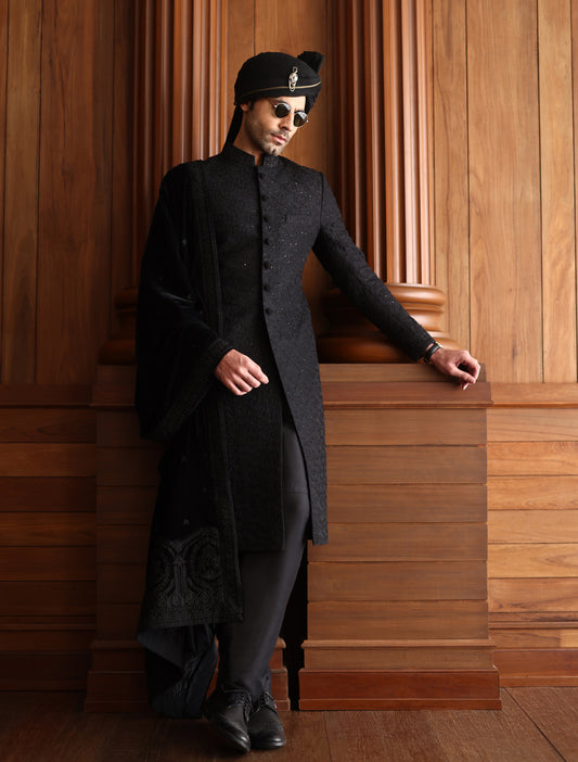 BLACK HAND EMBROIDERED SHERWANI