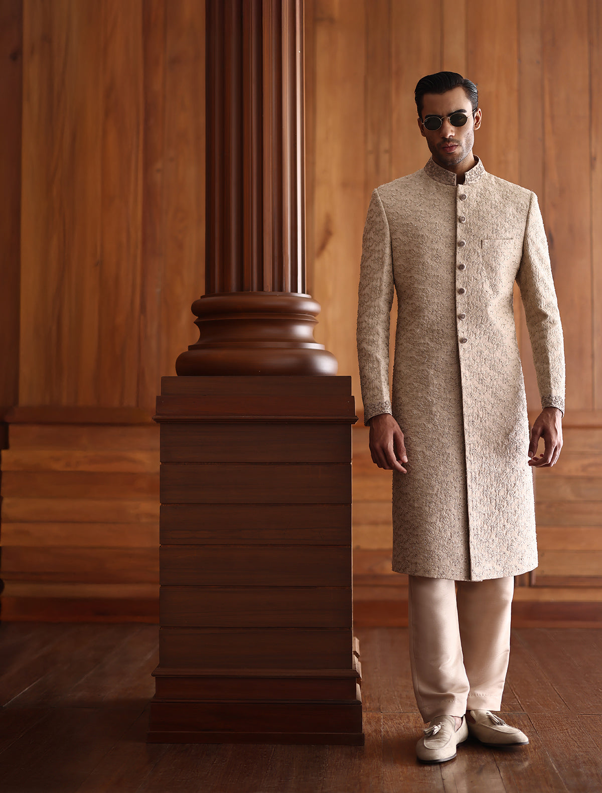 LIGHT BEIGE HAND EMBROIDERED SHERWANI
