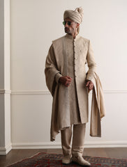 BEIGE HAND EMBROIDERED SHERWANI