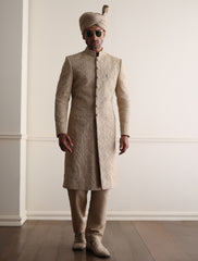 BEIGE HAND EMBROIDERED SHERWANI