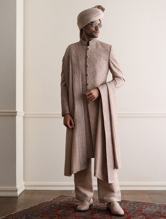 WARM SAND HAND EMBROIDERED SHERWANI