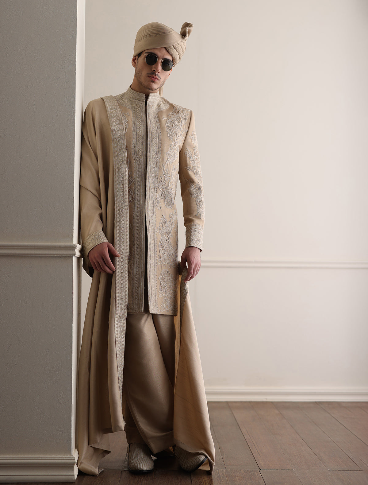 BEIGE HAND EMBROIDERED SHERWANI