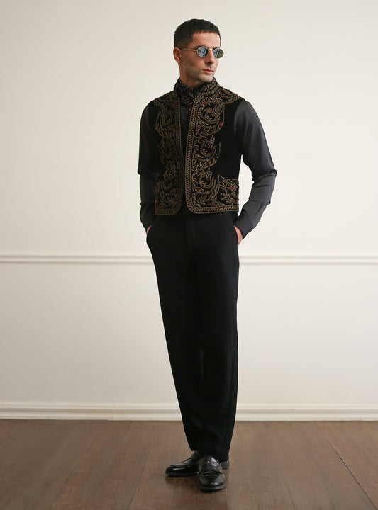 BLACK VELVET EMBROIDERED WAISTCOAT