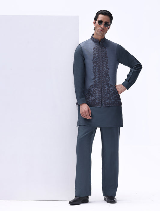STEEL BLUE EMBROIDERED WAISTCOAT