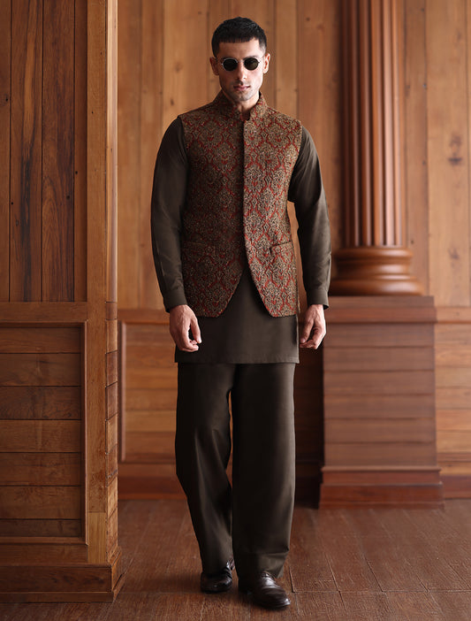 RUST HAND EMBROIDERED WAISTCOAT