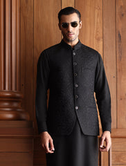 BLACK SELF EMBROIDERED WAISTCOAT