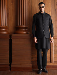 BLACK SELF EMBROIDERED WAISTCOAT