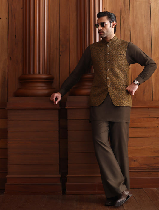 OLIVE EMBROIDERED WAISTCOAT