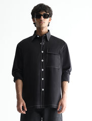 BLACK PICK STITCHED LOOSE FIT COTTON SHIRT