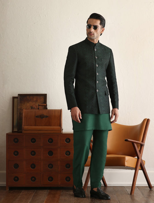 Emerald green Jacket with black cross stitch embroidery
