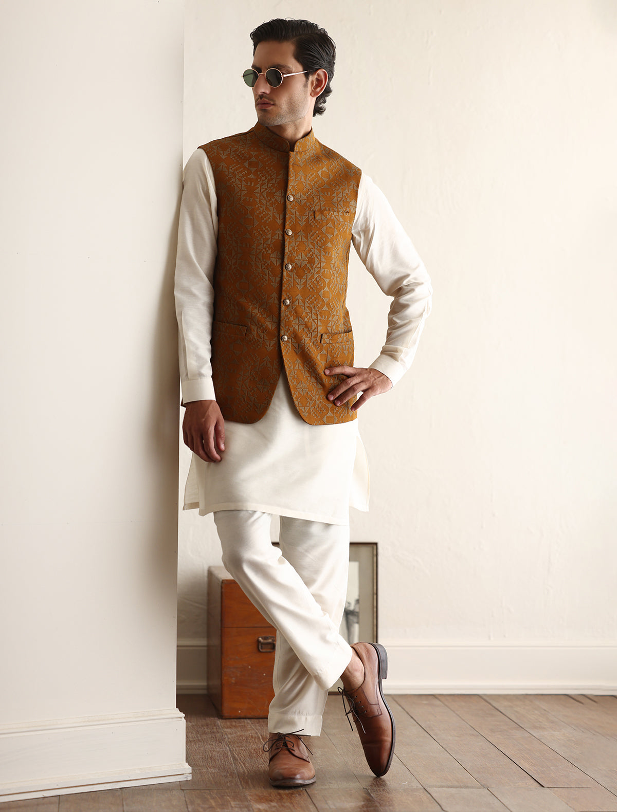 Mustard cross stitch embroidered waistcoat Ismail Farid Mustard cross stitch embroidered waistcoat Ismail Farid