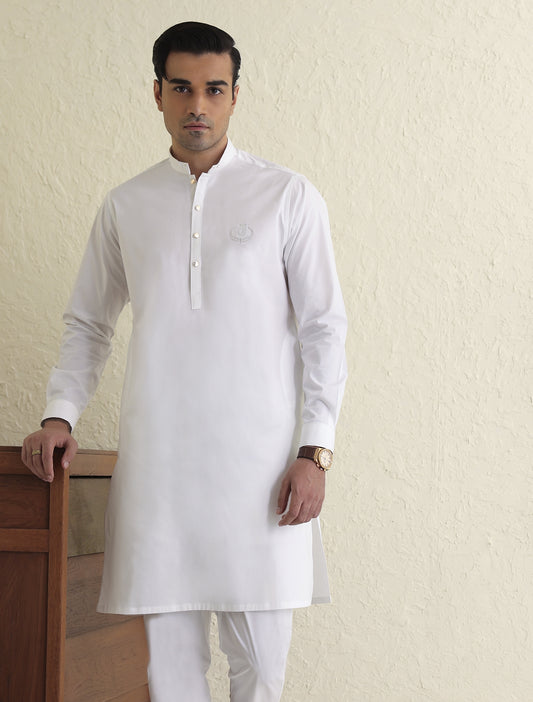 OFF WHITE KURTA PAJAMA EMBROIDERED MONOGRAM ON FRONT-S