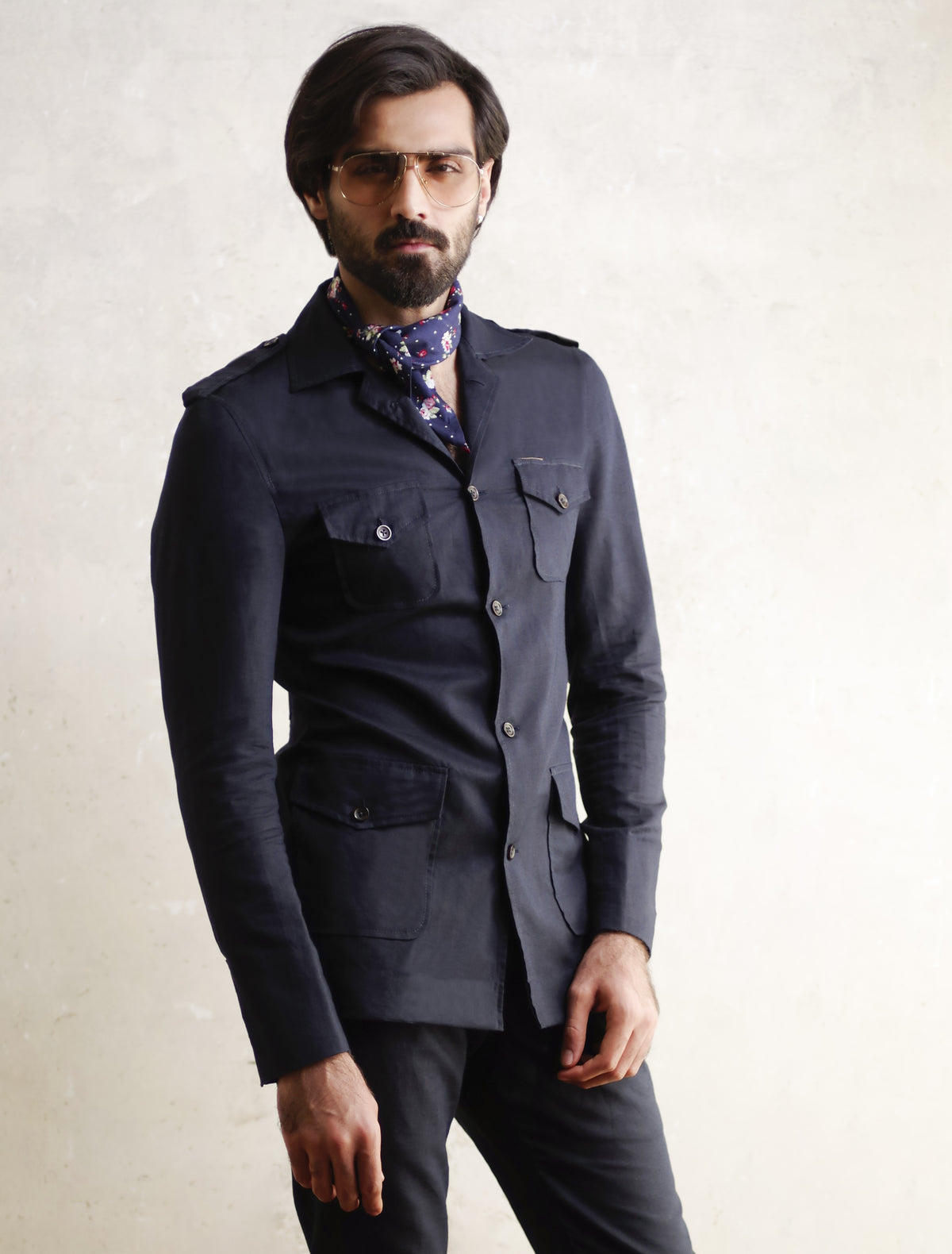 NAVY FOUR POCKET LINEN SHIRT