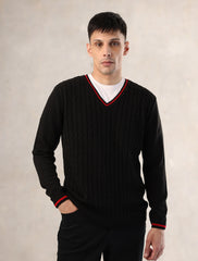 BLACK KNIT CABLE FULL SLEEVE SWEATER