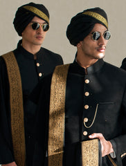 BLACK TURBAN WITH GOLDEN BOARDER AND SHORT TAIL