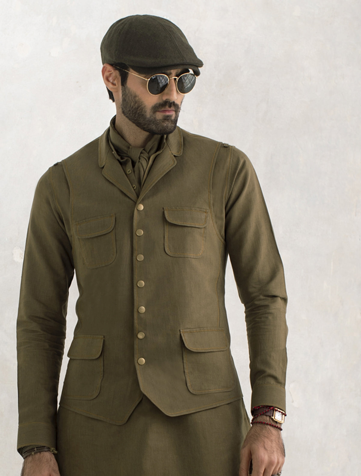 GREEN LINEN FLAP POCKETS WAISTCOAT