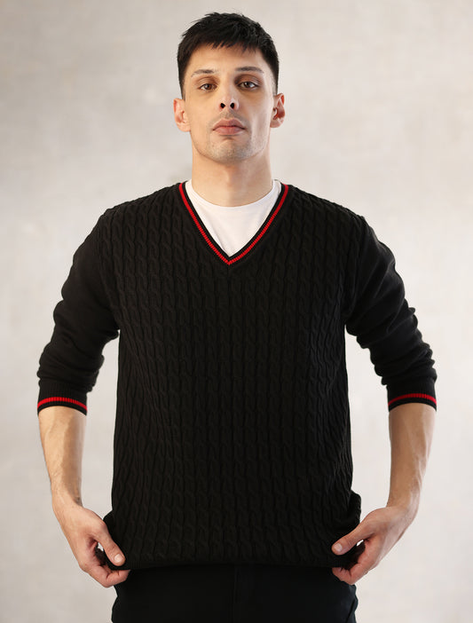 BLACK KNIT CABLE FULL SLEEVE SWEATER