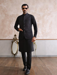 BLACK SELF EMBROIDERED WAIST COAT-S