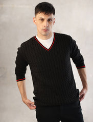 BLACK KNIT CABLE FULL SLEEVE SWEATER