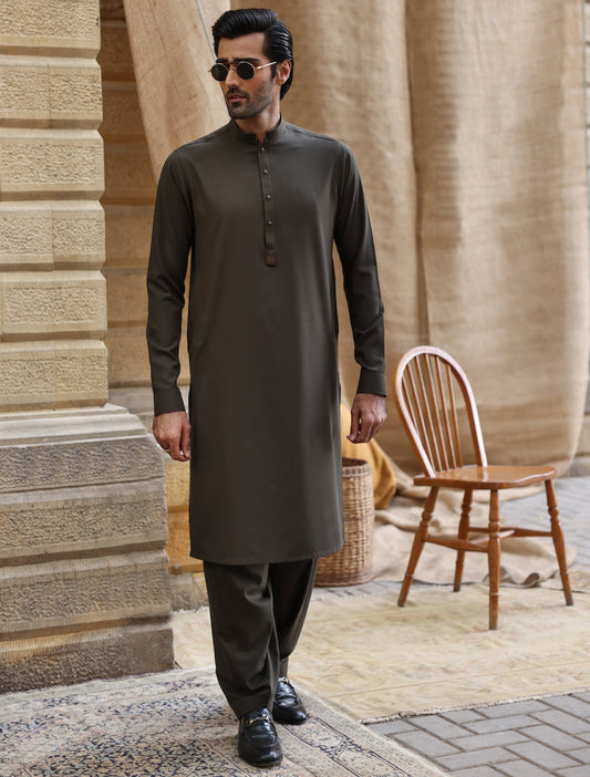 OLIVE GREEN MANDARIN COLLAR KAMEEZ SHALWAR